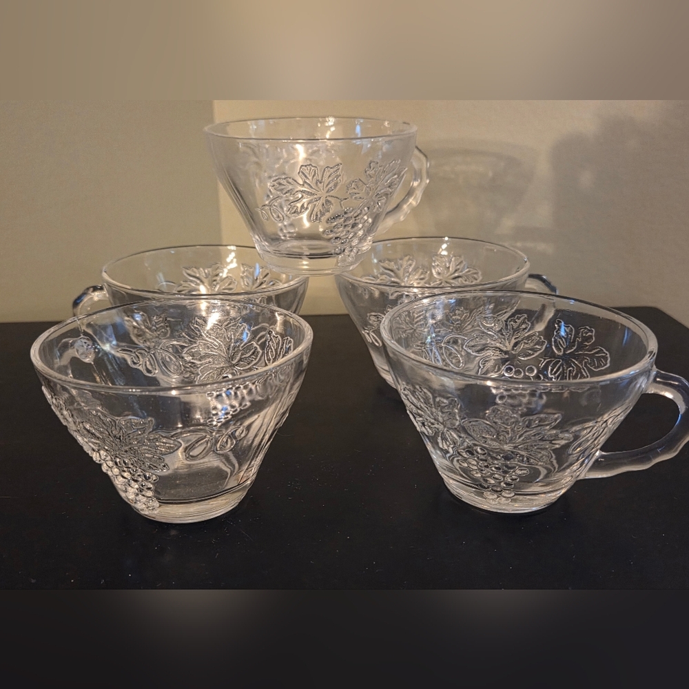 Set of 5 Anchor Hocking Grape Punch Bowl Replacement Cup Cups Clear Glass MCM